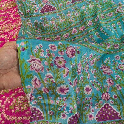 Sanskriti Vintage Saree Pink Soft 100% Pure Silk Floral Print Sari 5.5+Yd Fabric