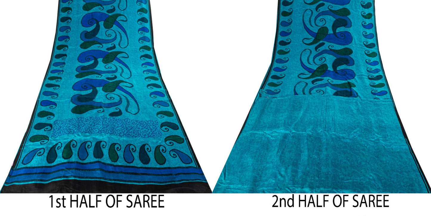 Sanskriti Vintage Blue Pure Silk Saree Paisley Printed Craft Fabric Sari 6+Yard