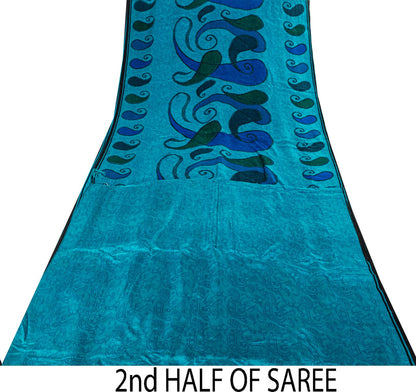 Sanskriti Vintage Blue Pure Silk Saree Paisley Printed Craft Fabric Sari 6+Yard