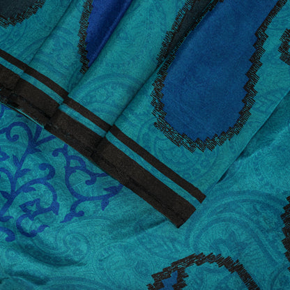 Sanskriti Vintage Blue Pure Silk Saree Paisley Printed Craft Fabric Sari 6+Yard