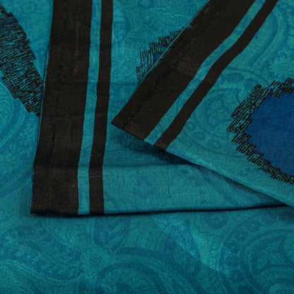 Sanskriti Vintage Blue Pure Silk Saree Paisley Printed Craft Fabric Sari 6+Yard