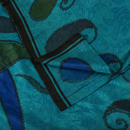 Sanskriti Vintage Blue Pure Silk Saree Paisley Printed Craft Fabric Sari 6+Yard