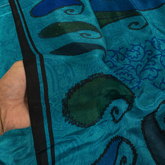 Sanskriti Vintage Blue Pure Silk Saree Paisley Printed Craft Fabric Sari 6+Yard