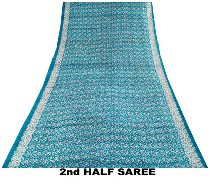 Sanskriti Vintage Saree Blue Soft Pure Silk Floral Print Sari 6+Yd Craft Fabric