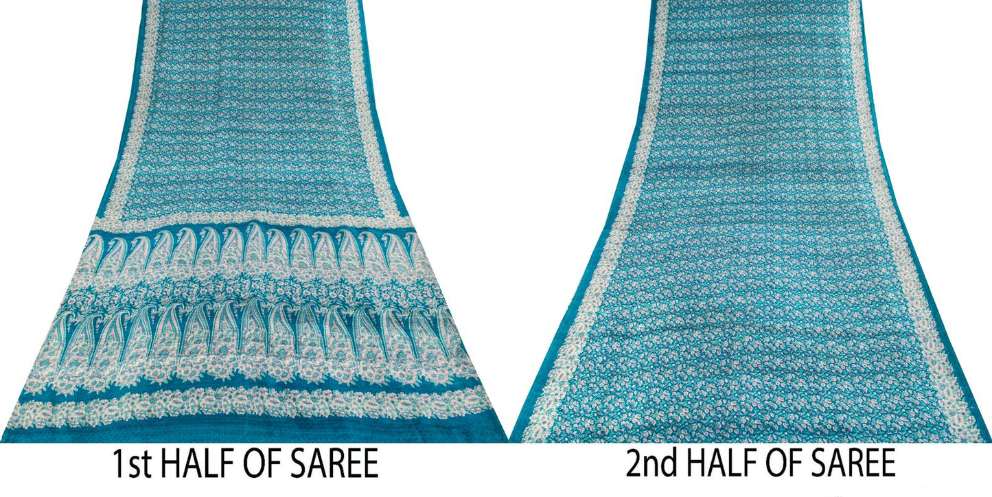 Sanskriti Vintage Saree Blue Soft Pure Silk Floral Print Sari 6+Yd Craft Fabric