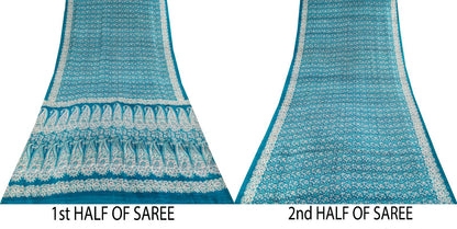 Sanskriti Vintage Saree Blue Soft Pure Silk Floral Print Sari 6+Yd Craft Fabric
