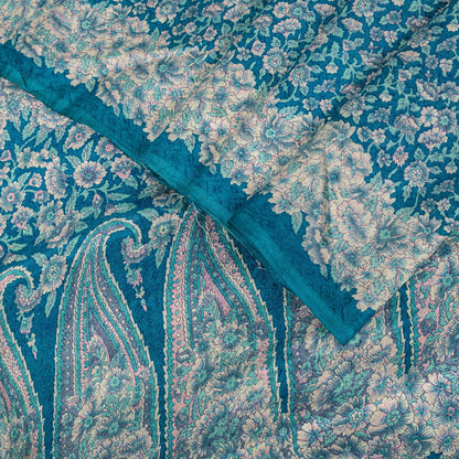 Sanskriti Vintage Saree Blue Soft Pure Silk Floral Print Sari 6+Yd Craft Fabric