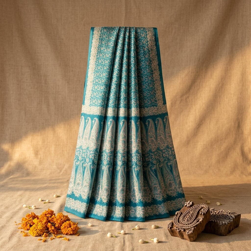 Sanskriti Vintage Saree Blue Soft Pure Silk Floral Print Sari 6+Yd Craft Fabric