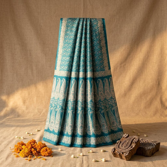 Sanskriti Vintage Saree Blue Soft Pure Silk Floral Print Sari 6+Yd Craft Fabric