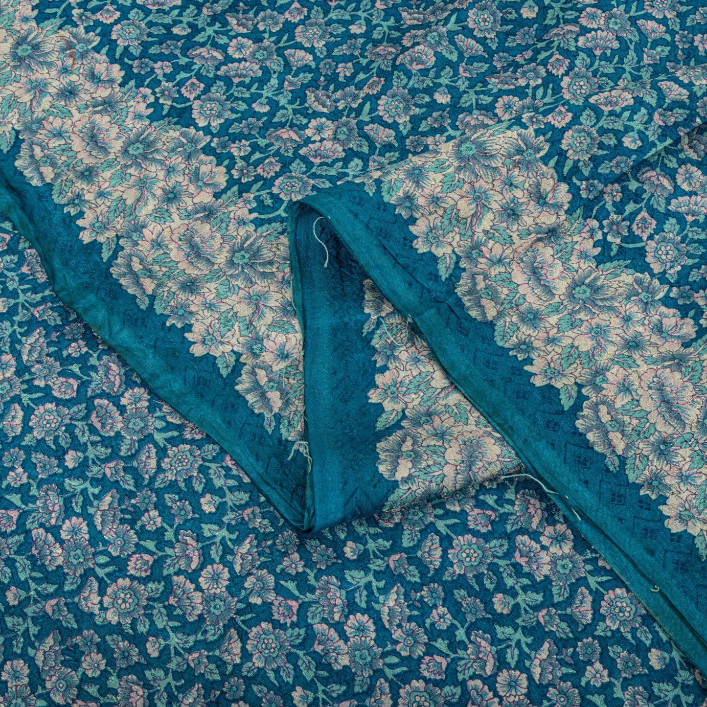Sanskriti Vintage Saree Blue Soft Pure Silk Floral Print Sari 6+Yd Craft Fabric