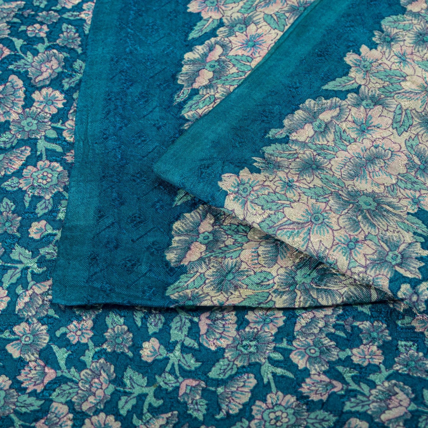 Sanskriti Vintage Saree Blue Soft Pure Silk Floral Print Sari 6+Yd Craft Fabric