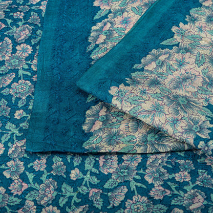 Sanskriti Vintage Saree Blue Soft Pure Silk Floral Print Sari 6+Yd Craft Fabric