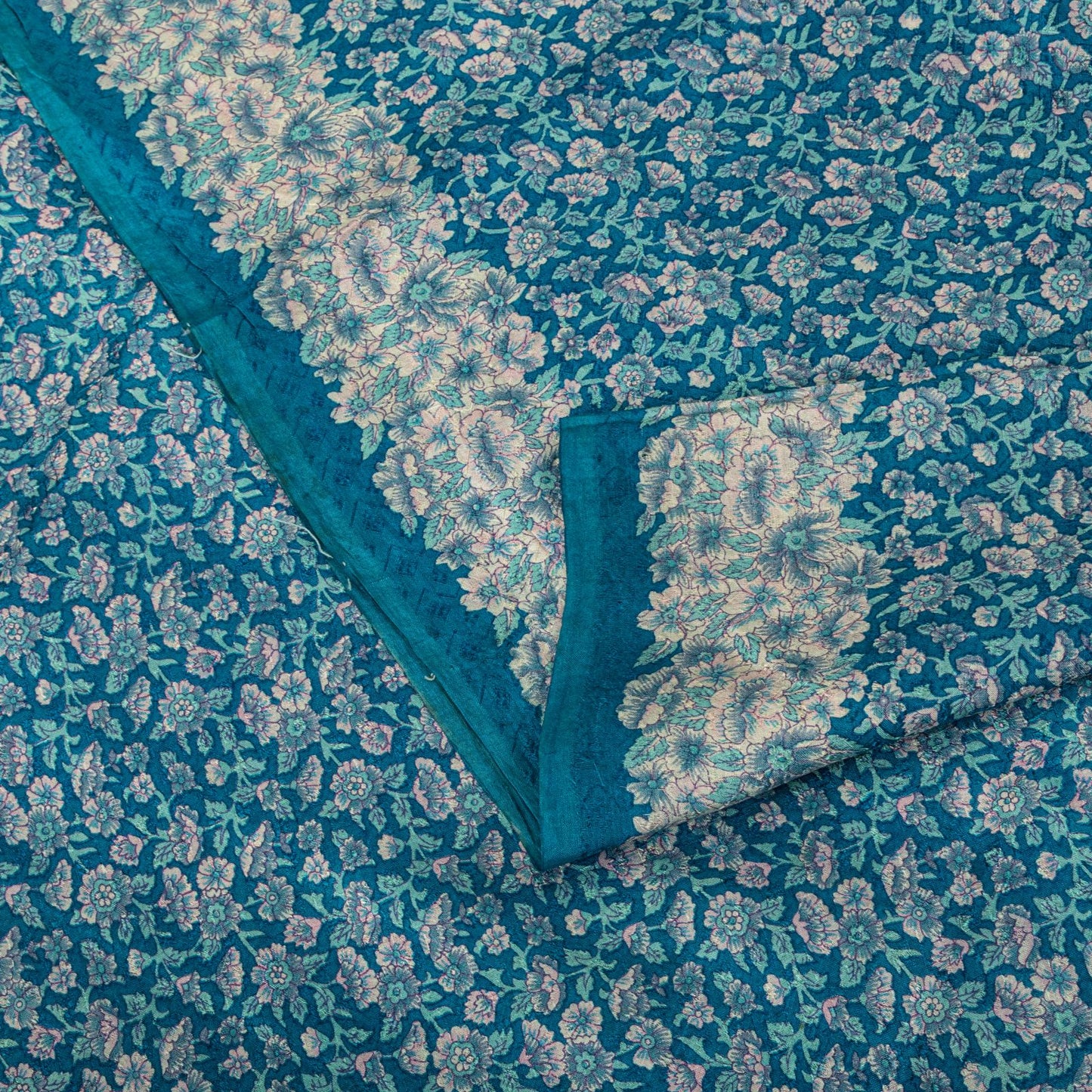 Sanskriti Vintage Saree Blue Soft Pure Silk Floral Print Sari 6+Yd Craft Fabric