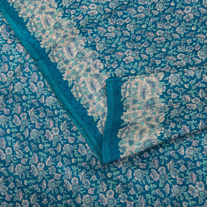 Sanskriti Vintage Saree Blue Soft Pure Silk Floral Print Sari 6+Yd Craft Fabric