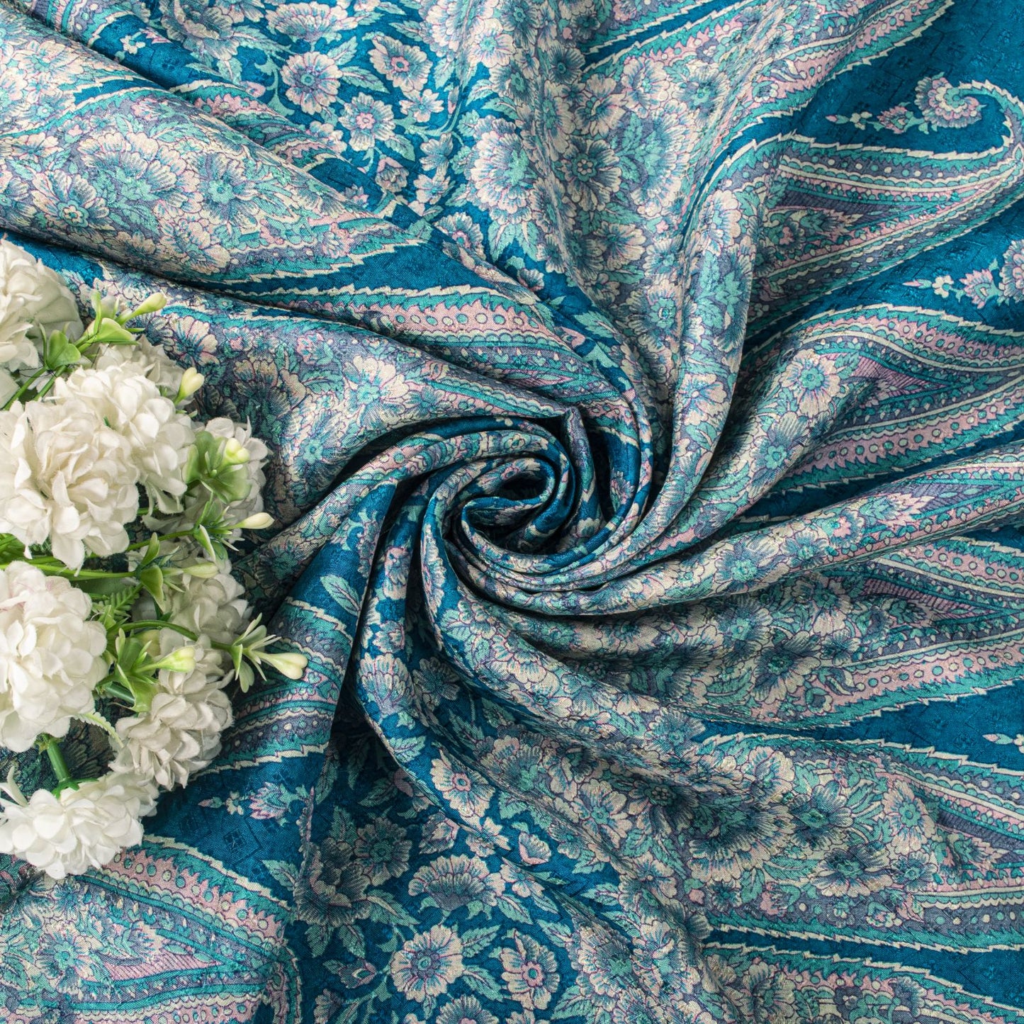 Sanskriti Vintage Saree Blue Soft Pure Silk Floral Print Sari 6+Yd Craft Fabric