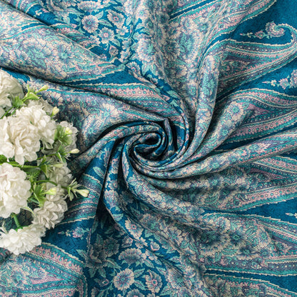 Sanskriti Vintage Saree Blue Soft Pure Silk Floral Print Sari 6+Yd Craft Fabric