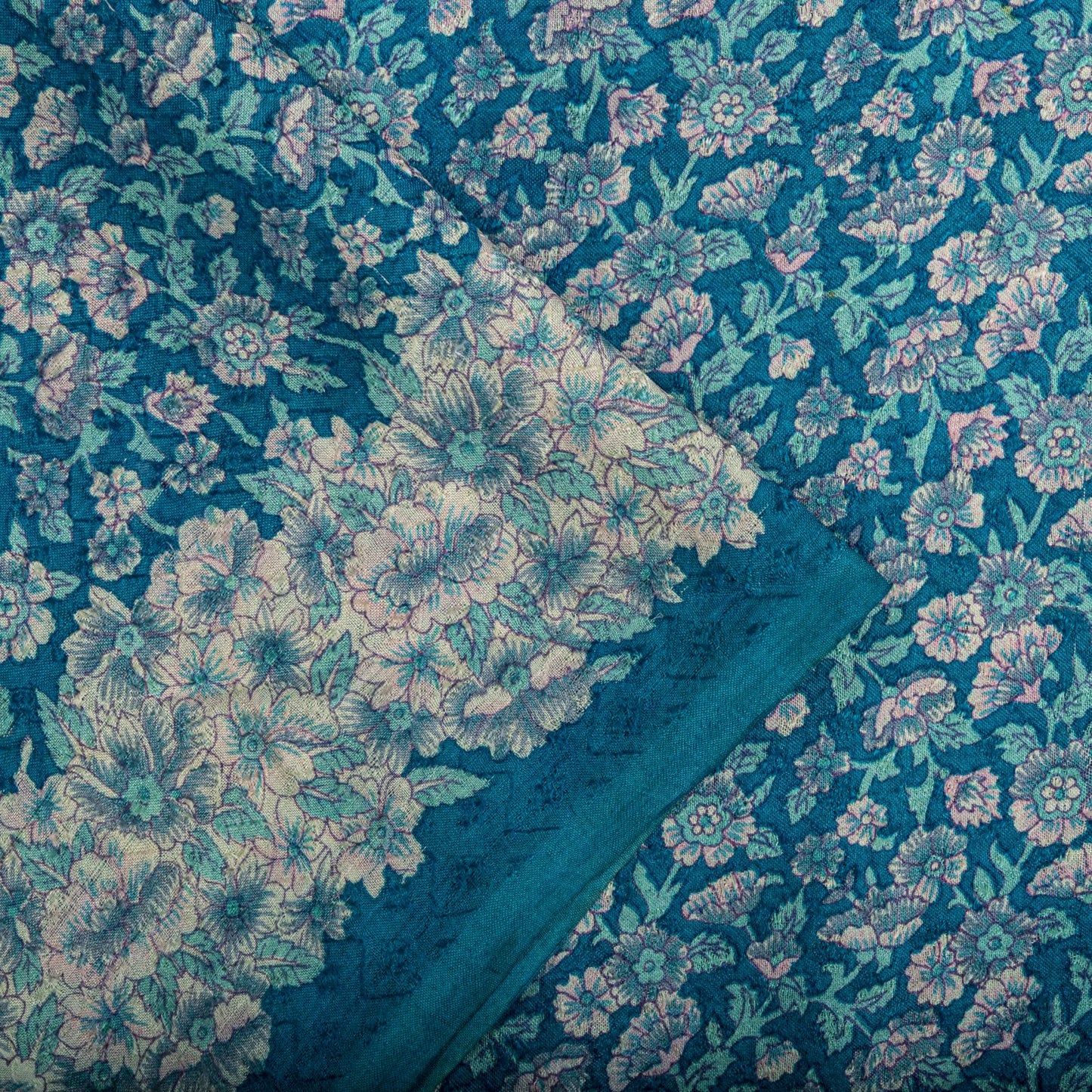 Sanskriti Vintage Saree Blue Soft Pure Silk Floral Print Sari 6+Yd Craft Fabric