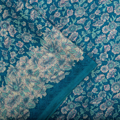 Sanskriti Vintage Saree Blue Soft Pure Silk Floral Print Sari 6+Yd Craft Fabric