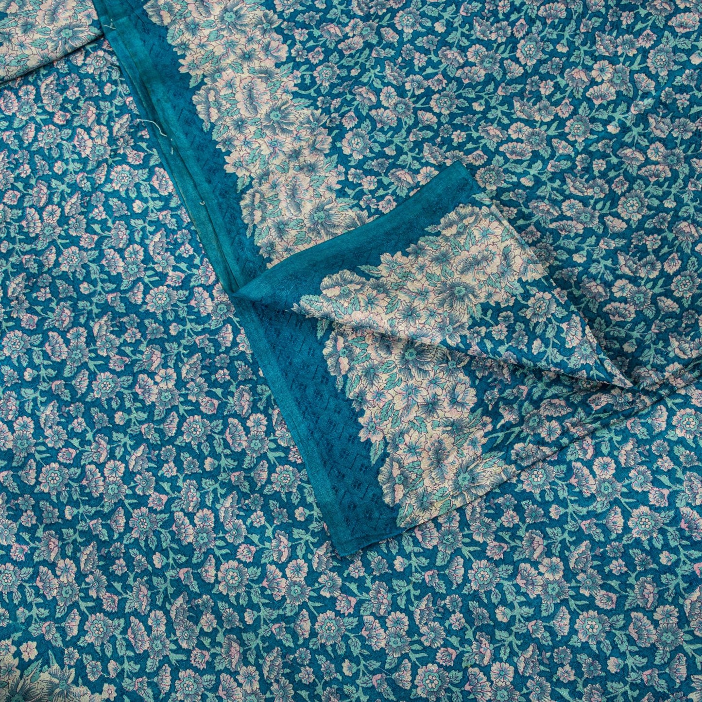 Sanskriti Vintage Saree Blue Soft Pure Silk Floral Print Sari 6+Yd Craft Fabric