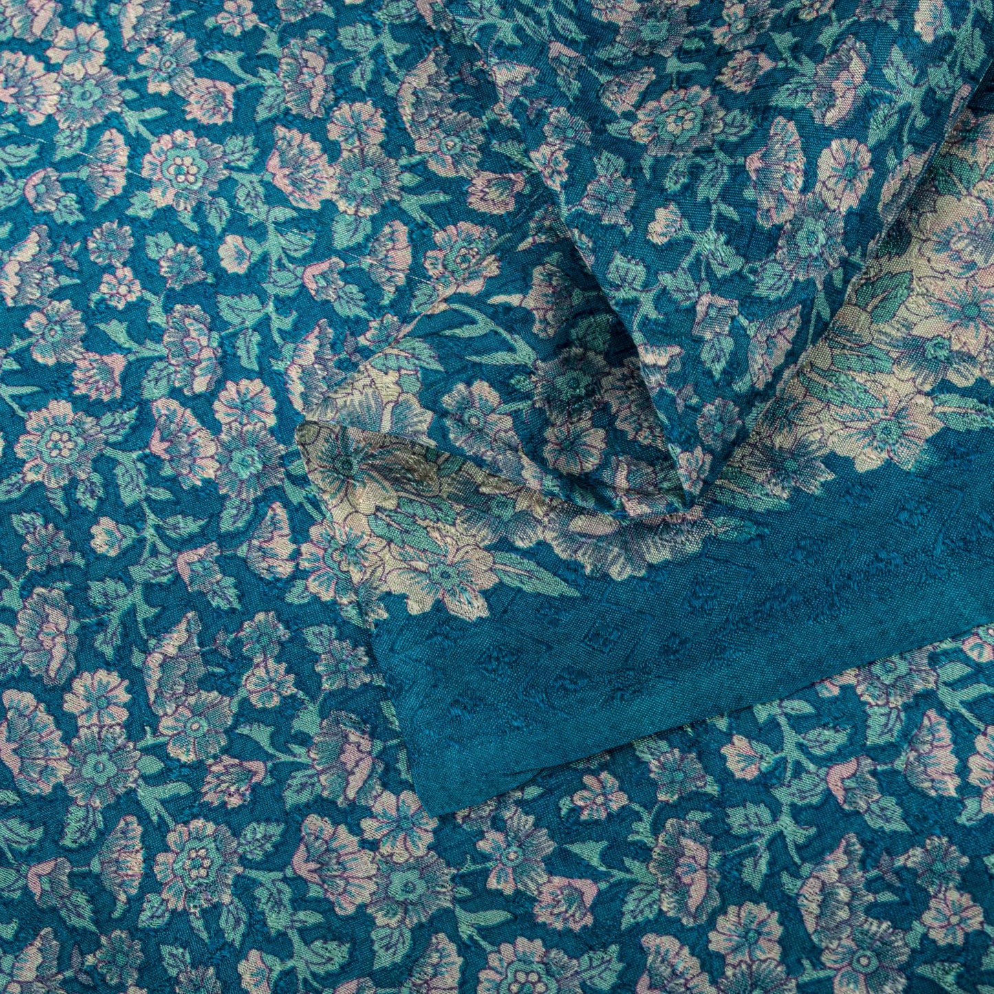 Sanskriti Vintage Saree Blue Soft Pure Silk Floral Print Sari 6+Yd Craft Fabric
