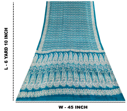 Sanskriti Vintage Saree Blue Soft Pure Silk Floral Print Sari 6+Yd Craft Fabric