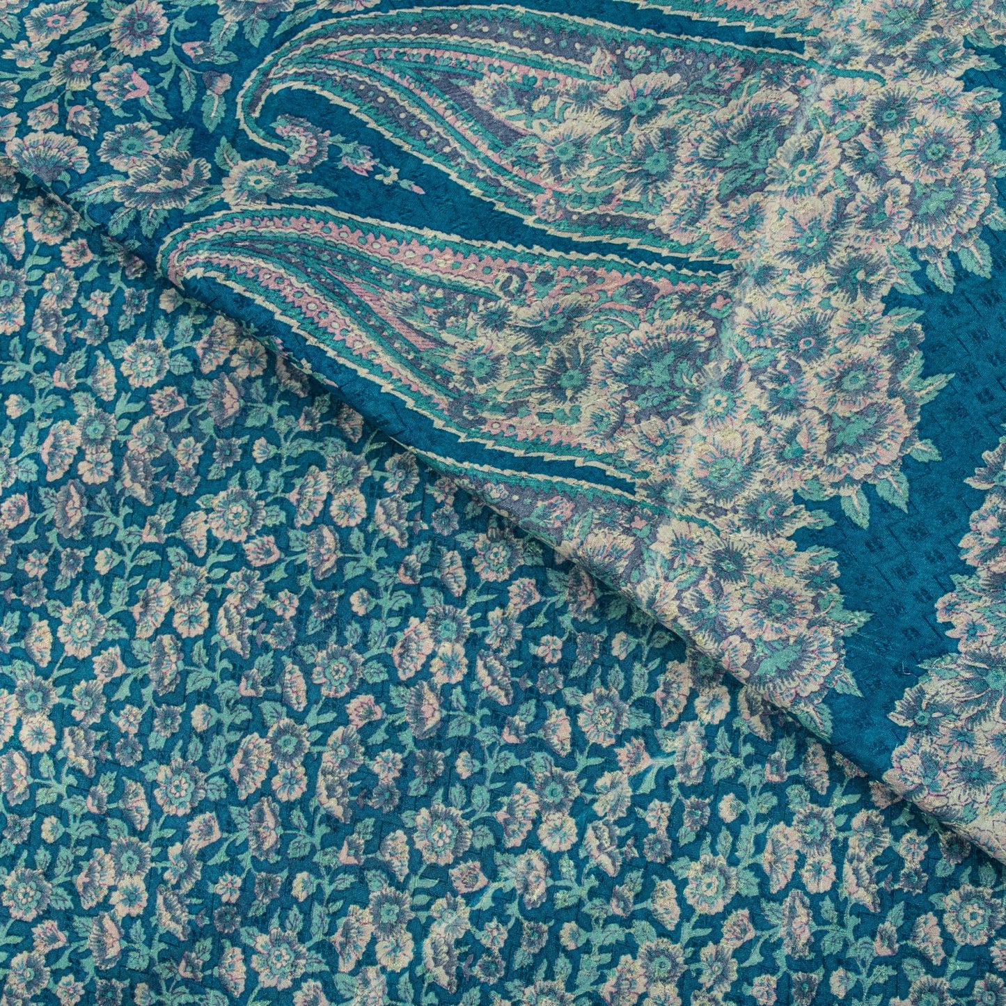 Sanskriti Vintage Saree Blue Soft Pure Silk Floral Print Sari 6+Yd Craft Fabric