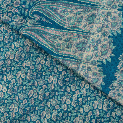 Sanskriti Vintage Saree Blue Soft Pure Silk Floral Print Sari 6+Yd Craft Fabric