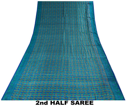 Sanskriti Vintage Blue Pure Silk Saree Geometric Print Fabric Sari 5+Yard Fabric