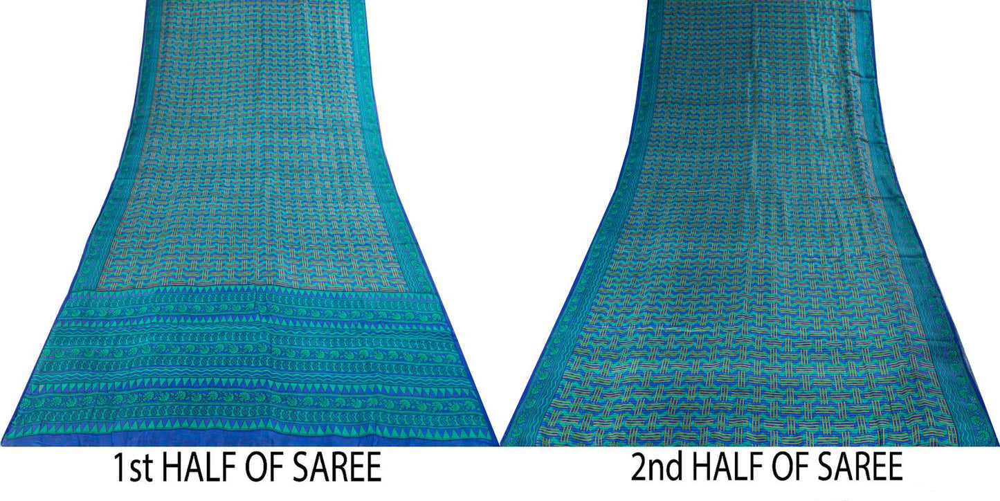 Sanskriti Vintage Blue Pure Silk Saree Geometric Print Fabric Sari 5+Yard Fabric
