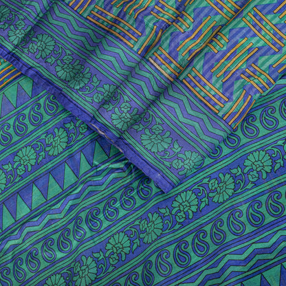 Sanskriti Vintage Blue Pure Silk Saree Geometric Print Fabric Sari 5+Yard Fabric
