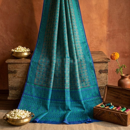 Sanskriti Vintage Blue Pure Silk Saree Geometric Print Fabric Sari 5+Yard Fabric