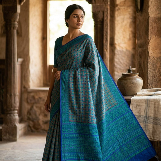 Sanskriti Vintage Blue Pure Silk Saree Geometric Print Fabric Sari 5+Yard Fabric
