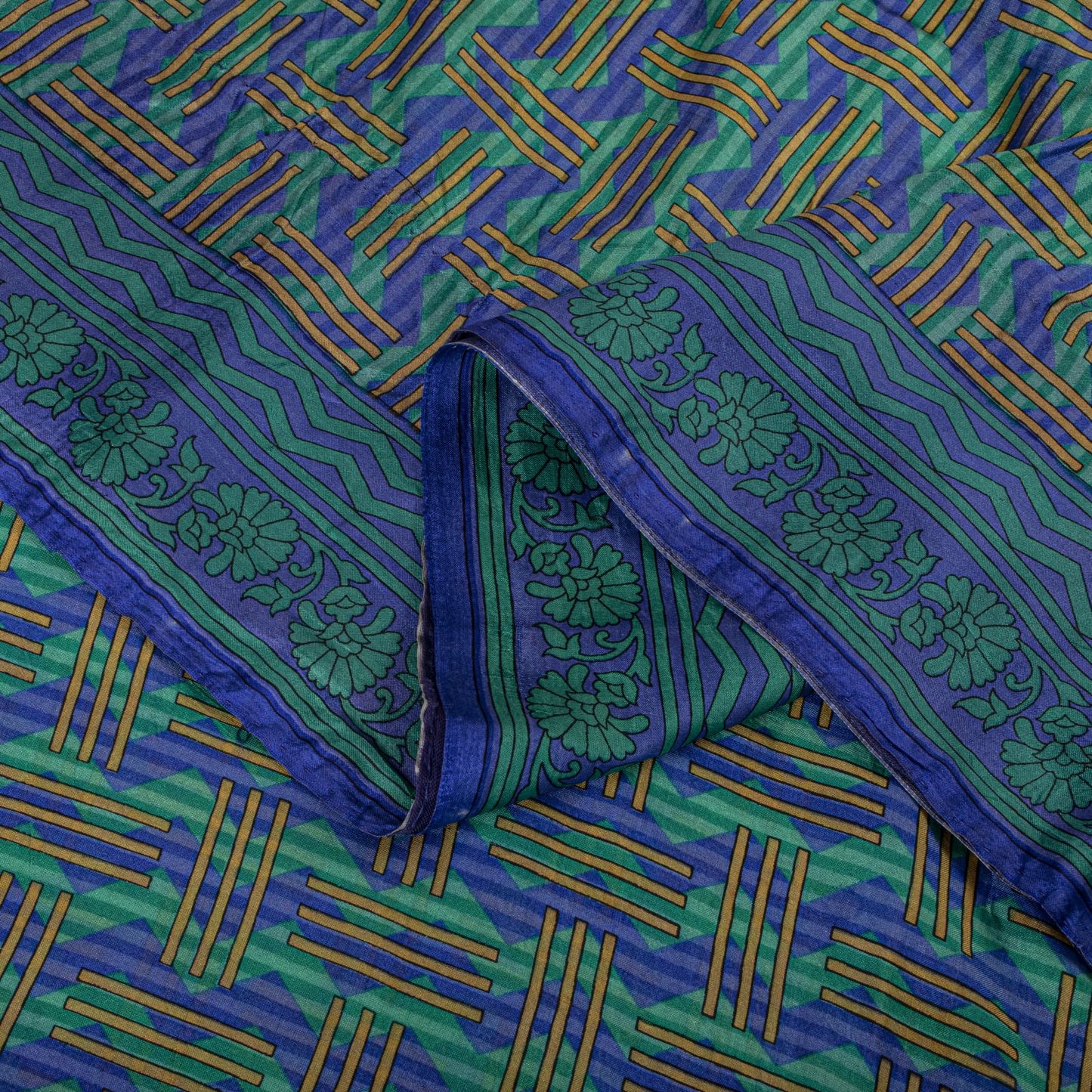 Sanskriti Vintage Blue Pure Silk Saree Geometric Print Fabric Sari 5+Yard Fabric