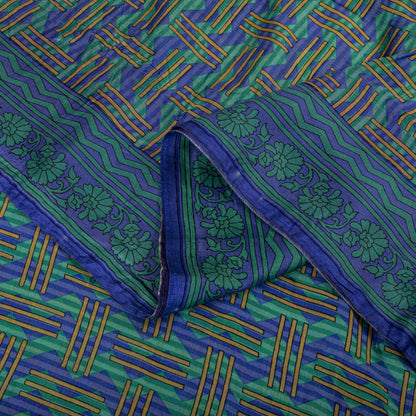 Sanskriti Vintage Blue Pure Silk Saree Geometric Print Fabric Sari 5+Yard Fabric