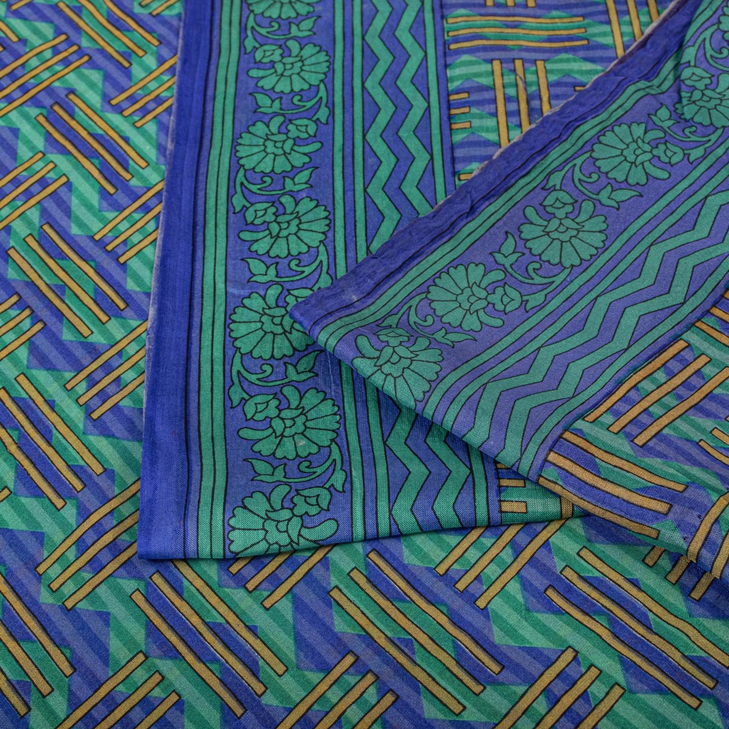 Sanskriti Vintage Blue Pure Silk Saree Geometric Print Fabric Sari 5+Yard Fabric