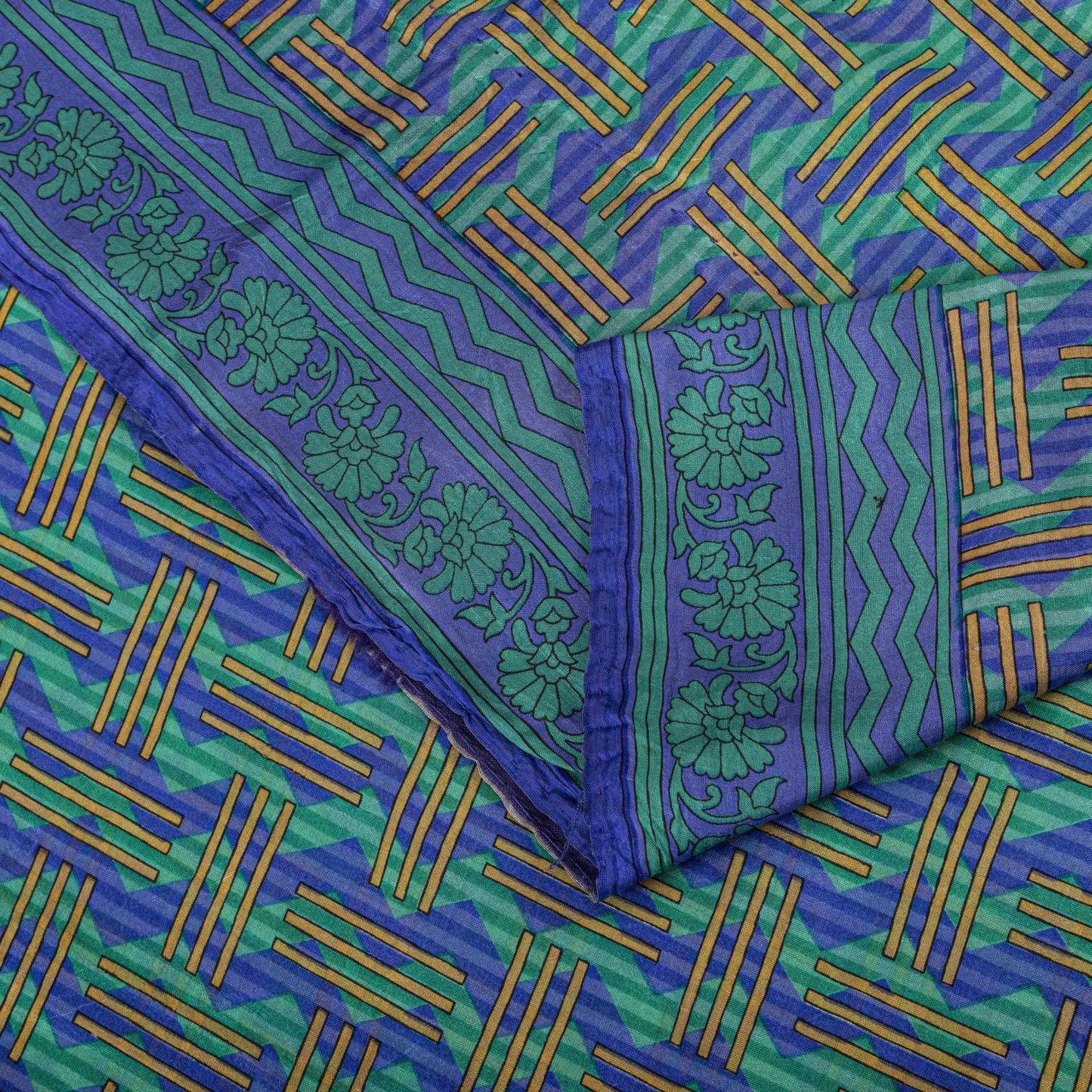 Sanskriti Vintage Blue Pure Silk Saree Geometric Print Fabric Sari 5+Yard Fabric