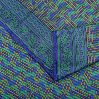 Sanskriti Vintage Blue Pure Silk Saree Geometric Print Fabric Sari 5+Yard Fabric