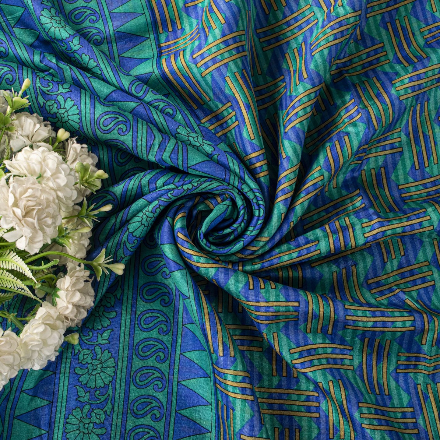 Sanskriti Vintage Blue Pure Silk Saree Geometric Print Fabric Sari 5+Yard Fabric