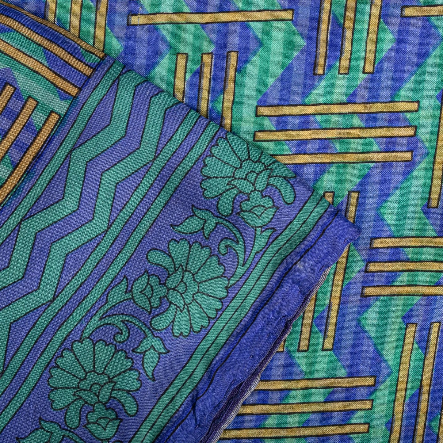Sanskriti Vintage Blue Pure Silk Saree Geometric Print Fabric Sari 5+Yard Fabric
