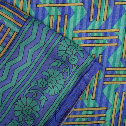 Sanskriti Vintage Blue Pure Silk Saree Geometric Print Fabric Sari 5+Yard Fabric
