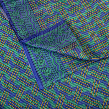 Sanskriti Vintage Blue Pure Silk Saree Geometric Print Fabric Sari 5+Yard Fabric