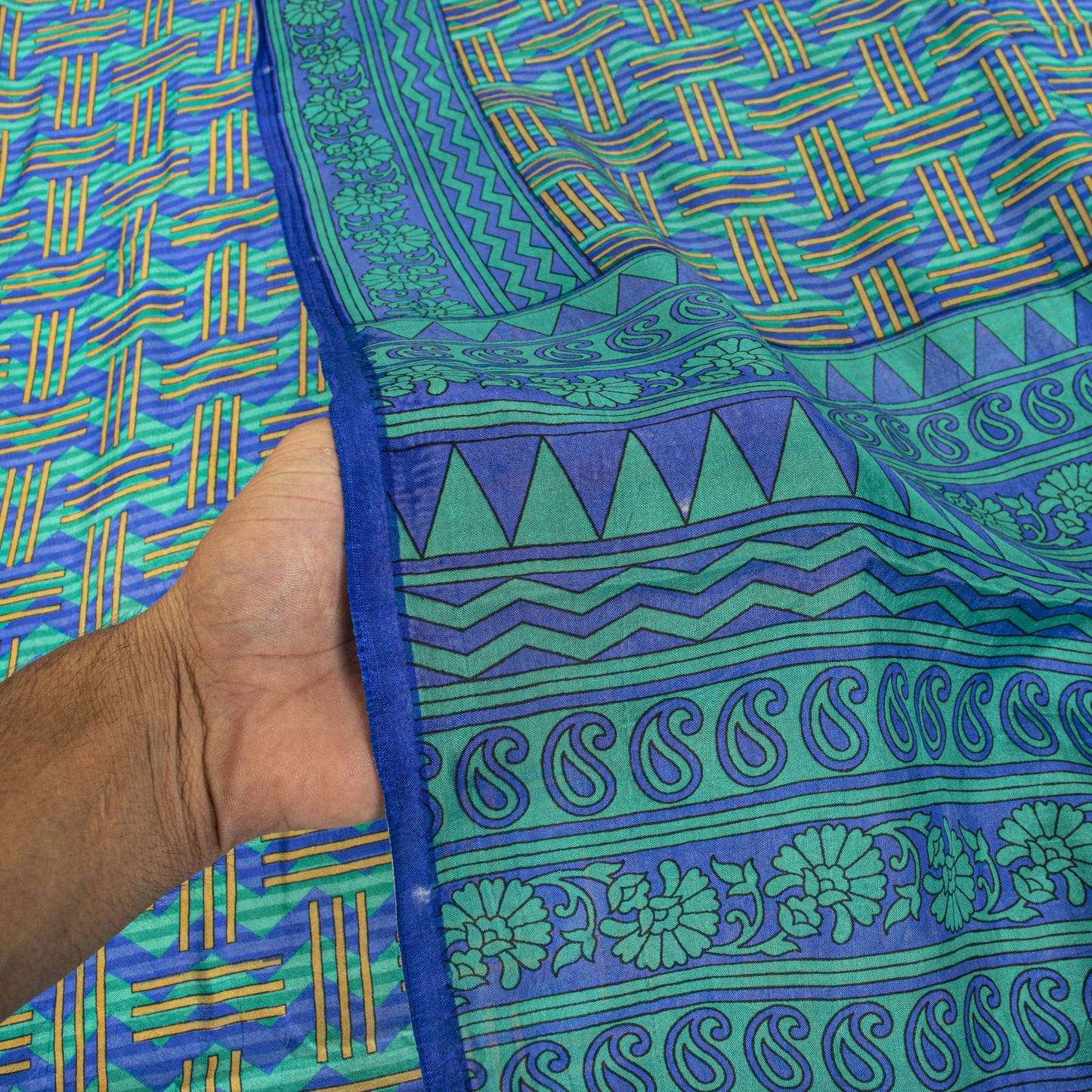 Sanskriti Vintage Blue Pure Silk Saree Geometric Print Fabric Sari 5+Yard Fabric