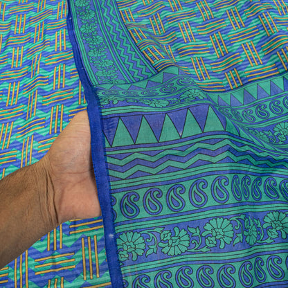 Sanskriti Vintage Blue Pure Silk Saree Geometric Print Fabric Sari 5+Yard Fabric