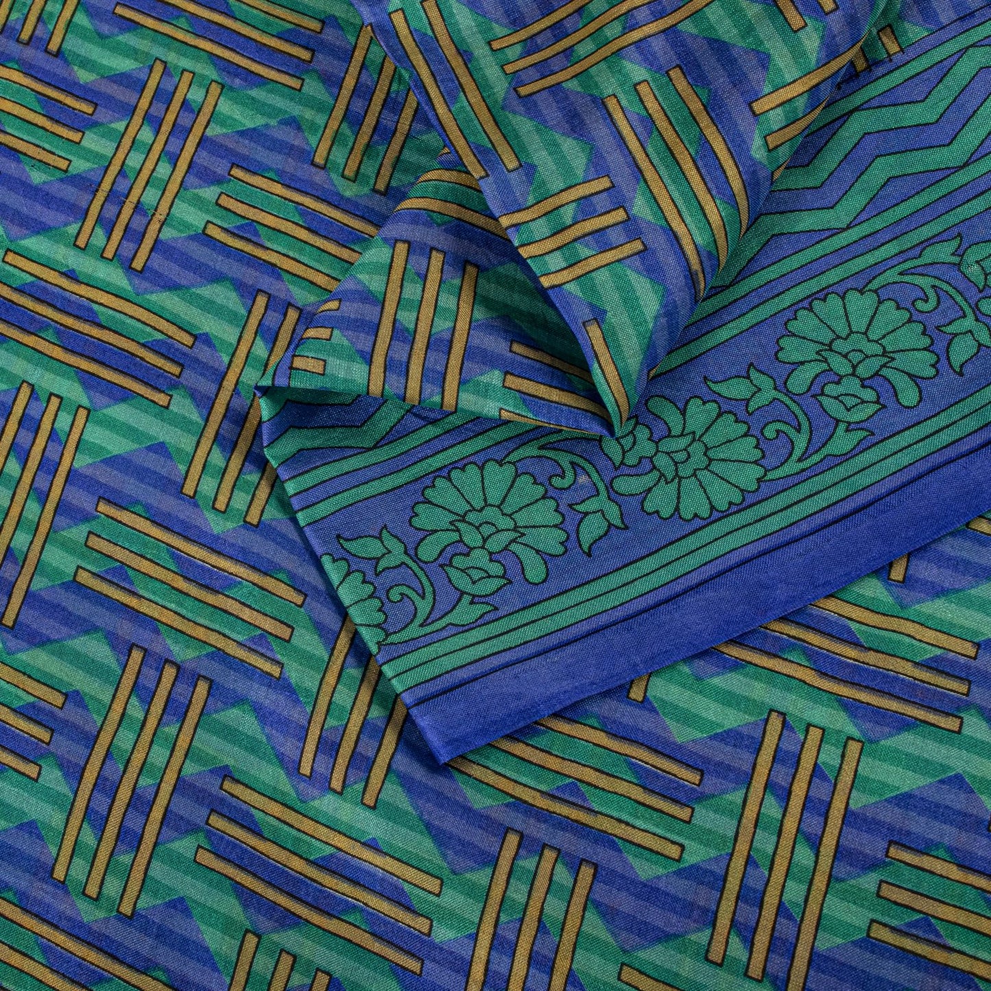 Sanskriti Vintage Blue Pure Silk Saree Geometric Print Fabric Sari 5+Yard Fabric