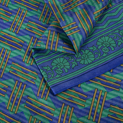 Sanskriti Vintage Blue Pure Silk Saree Geometric Print Fabric Sari 5+Yard Fabric