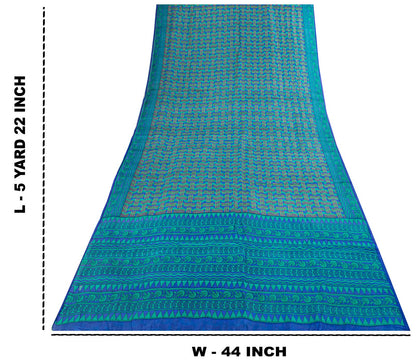 Sanskriti Vintage Blue Pure Silk Saree Geometric Print Fabric Sari 5+Yard Fabric