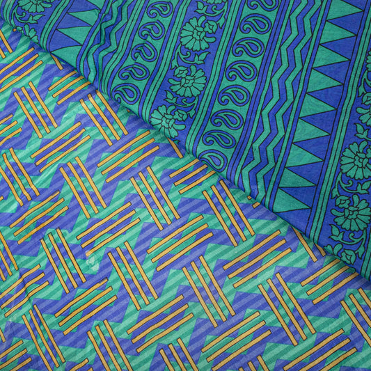 Sanskriti Vintage Blue Pure Silk Saree Geometric Print Fabric Sari 5+Yard Fabric