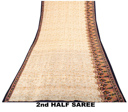 Sanskriti Vintage Ivory Pure Silk Saree Floral Paisley Print Craft Fabric 6+Yard