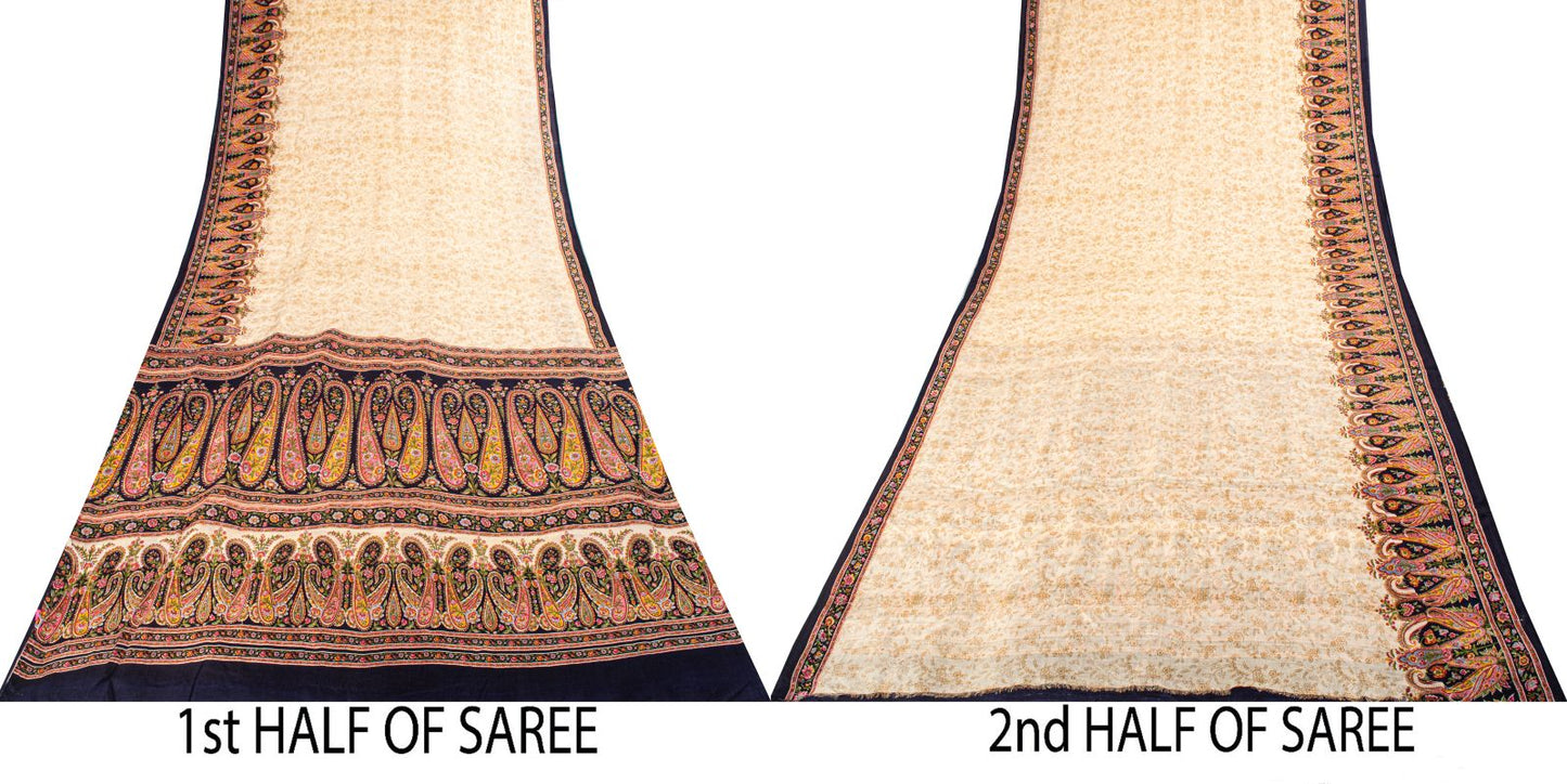 Sanskriti Vintage Ivory Pure Silk Saree Floral Paisley Print Craft Fabric 6+Yard