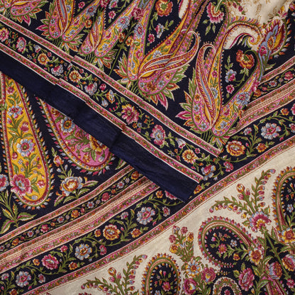 Sanskriti Vintage Ivory Pure Silk Saree Floral Paisley Print Craft Fabric 6+Yard